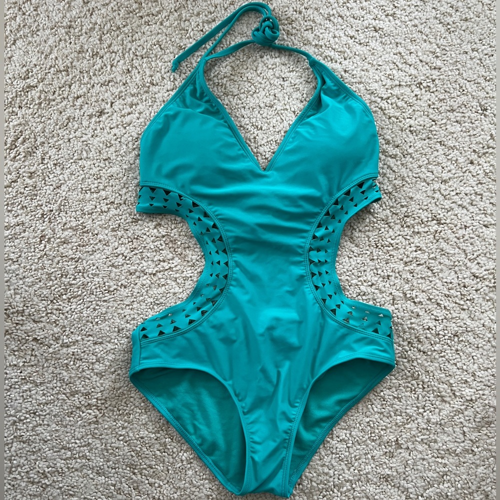 New Apollo swimwear swim suit bikini cutout one piece tie sexy teal Brazil small
